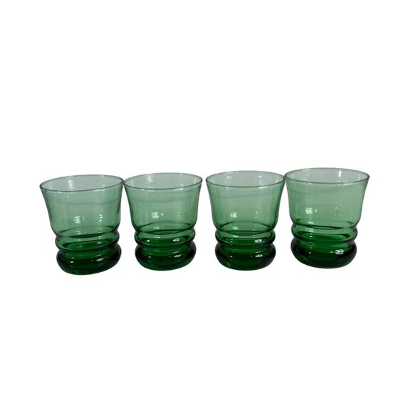Anchor Hocking Green Glass Tumblers Stacked Base VTG Set Of 4 Low Ball Glassware - Picture 13 of 15
